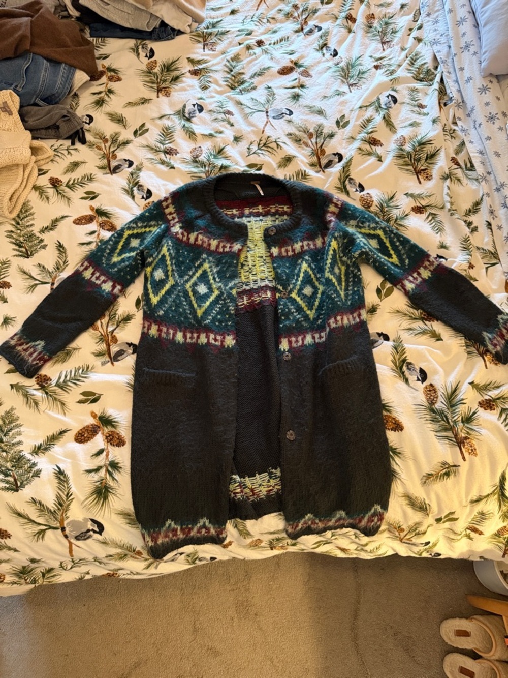Free People Dark Teal & Black Patterned Knit Cardigan